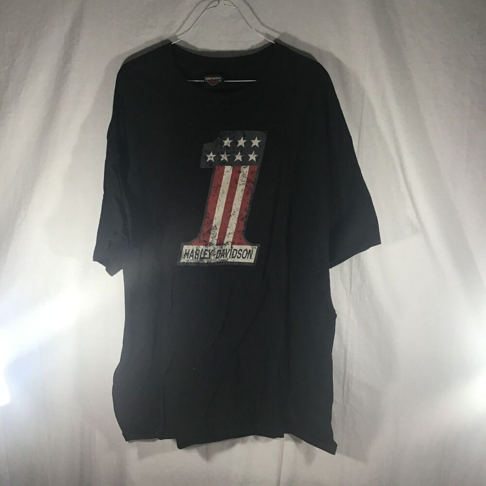 Harley-Davidson Men's XXL Black T-Shirt #1 Stars & Stripes American Flag Logo